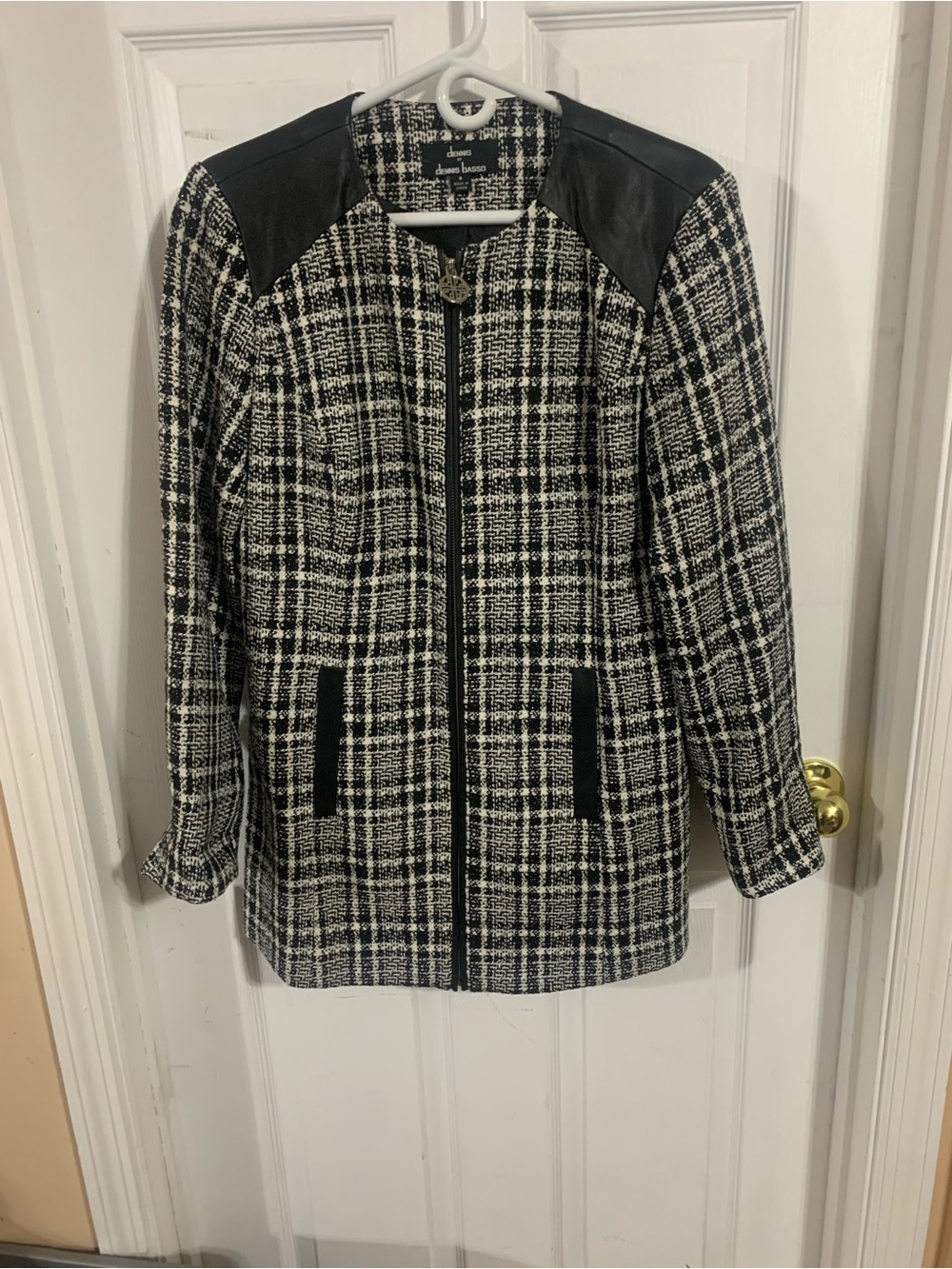 dennis basso Black & White Tweed Zip-Front Jacket with Faux Leather Accents